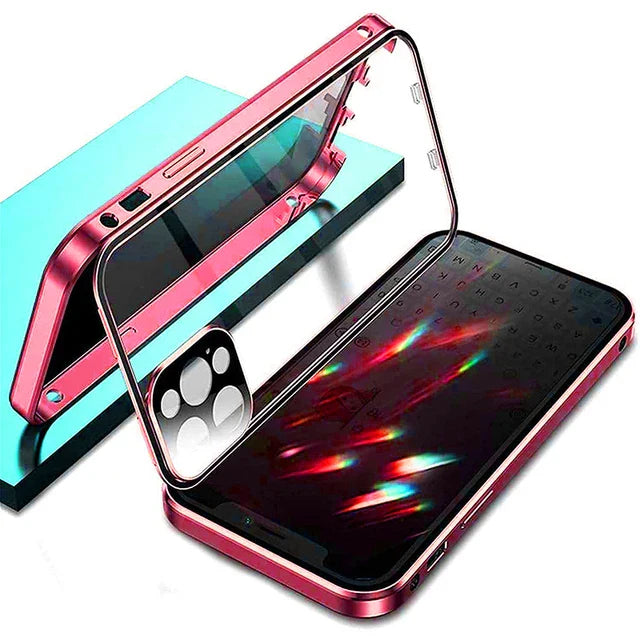 360° Degree Protection Privacy Metal Double Sided Glass Case For iPhone16 14 15 Pro Max Lens Protection Double Buckle Lock Cover