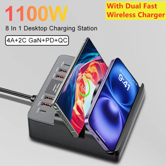 1100W GaN USB C Charger Station Fast Wireless Charging Type C QC3.0 PD3.0 100W Quick Charge For iPhone 16 Xiaomi Samsung Laptop
