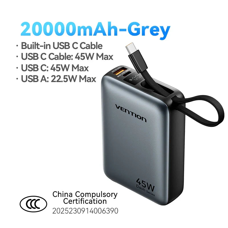Vention CCC 45W 20000mAh Power Bank Fast Charging Portable Charger for Xiaomi iPhone Pro Max Samsung Galaxy Battery 3C Powerbank