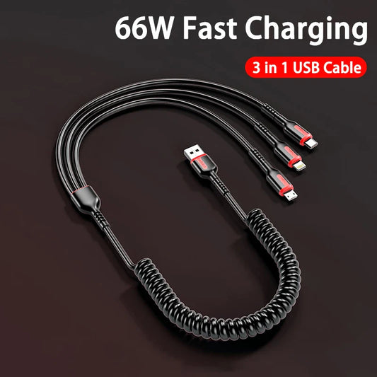 3 in 1 66W 6A Fast Charging USB Type C Cable Micro USB Cable for iPhone Charging Cable for Samsung Xiaomi Charger Cable