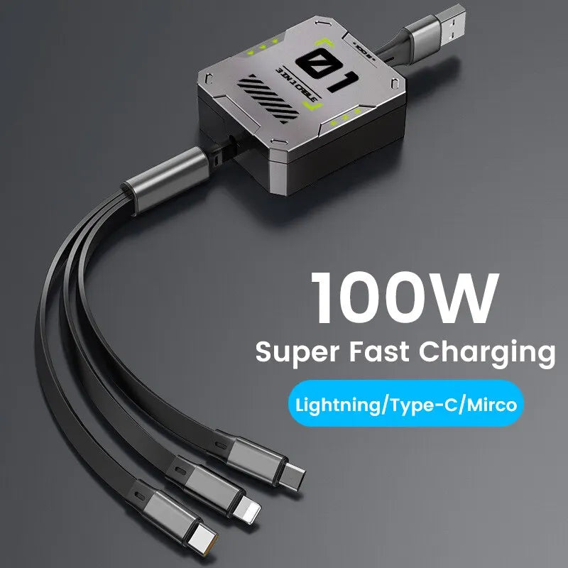 3 In 1 Retractable Phone Data Cable Type C Usb 100W Fast Charging Cable Suitable For iphone Huawei Xiaomi Android Micro
