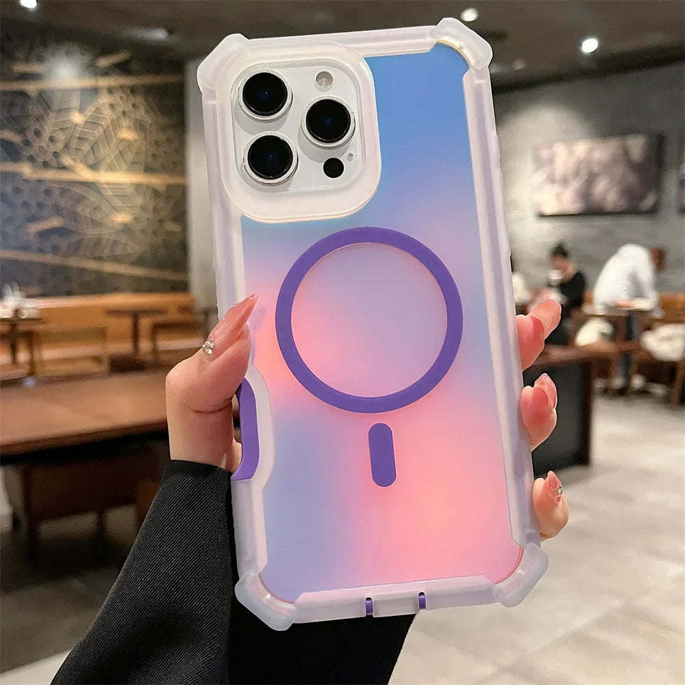 Luxury Magsafe Laser Dazzling Armor Phone Case For iPhone 16 Pro Max 15 Plus 14 13 Wireless Charging Dual Layer Protection Cover