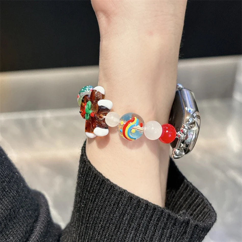 Christmas Strap For Xiaomi Mi Band 10 9 8 Pro Miband 9Pro 8 Pro Gingerbread Resin Beaded Elastic Bracelet Wristband Watch Band
