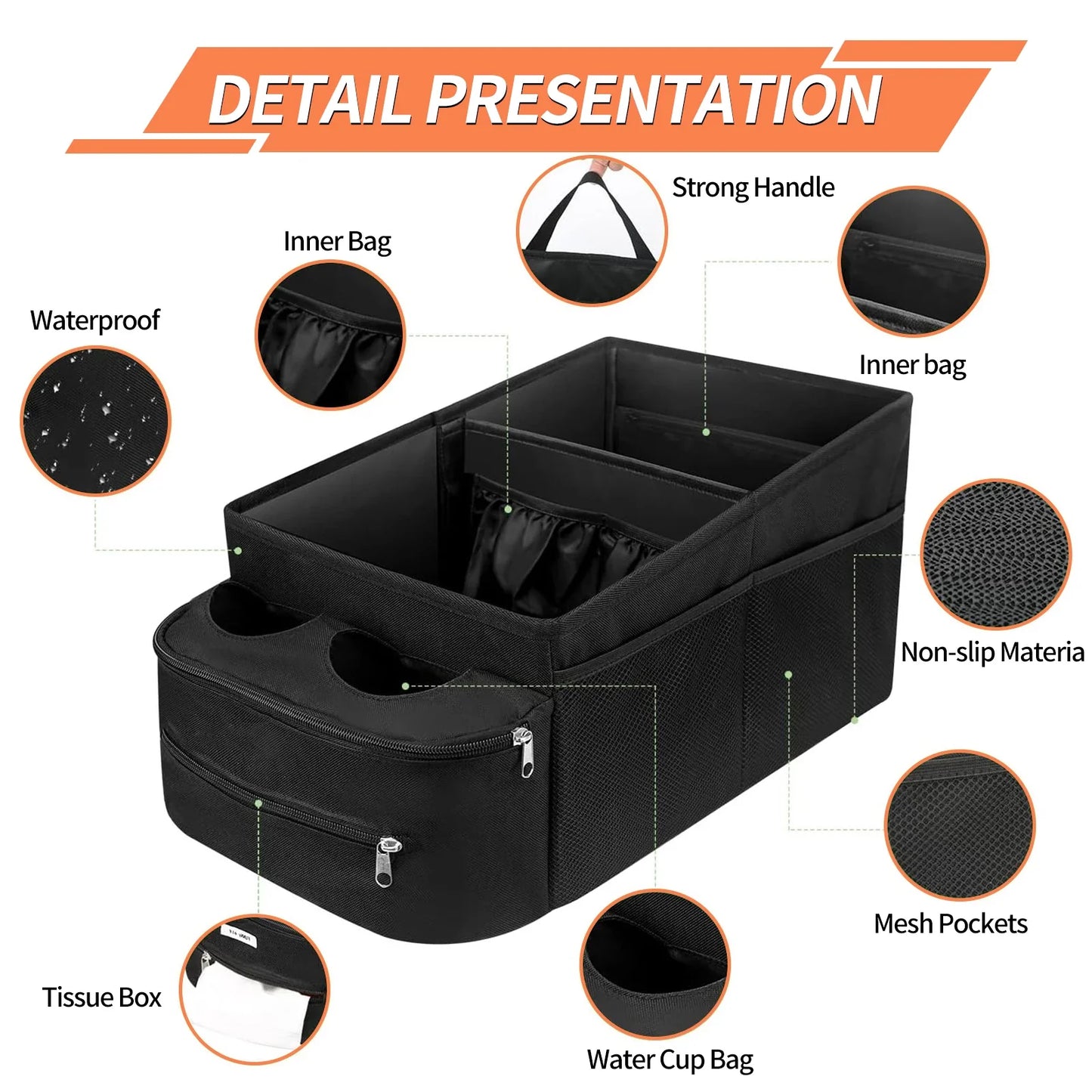 Car Seat Organizer Foldable Backseat Storage Bag with Handle Nonslip Passenger Seat Organizer with 2 Cup Holders for Cars Vans