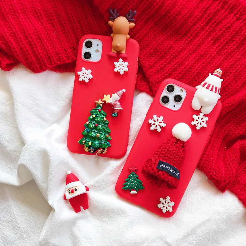 3D Santa Claus Christmas Tree Gloves Case For iPhone 16 13 12 15 14 Pro Max 13 12 Mini 14 16 15 Pro 16E SE4 Snowflake Elk Cover
