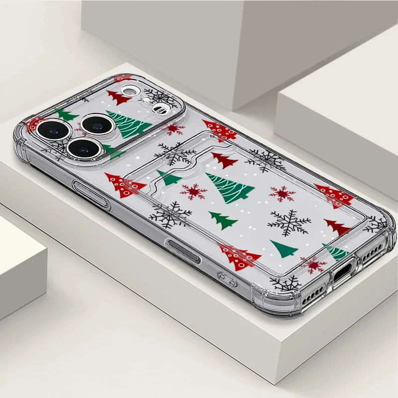 Cartoon Christmas Tree Phone Case For iPhone Air 16e 17 16 15 Pro Max 14 13 Pro Max 17 12 11 Card Slot Clear Soft Silicone Cover