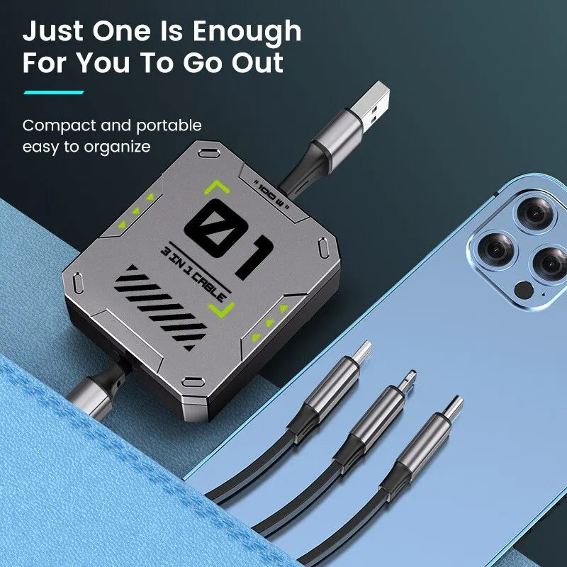 3 In 1 Retractable Phone Data Cable Type C Usb 100W Fast Charging Cable Suitable For iphone Huawei Xiaomi Android Micro