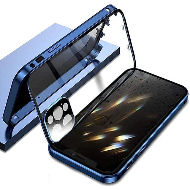 360° Degree Protection Privacy Metal Double Sided Glass Case For iPhone16 14 15 Pro Max Lens Protection Double Buckle Lock Cover