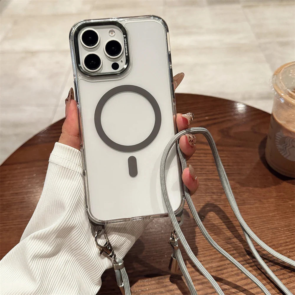 Crossbody Lanyard Necklace Transparent Magnetic For Magsafe Phone Case for iPhone 15 11 12 13 14 16 Pro Max Plus Anti-lost Cover