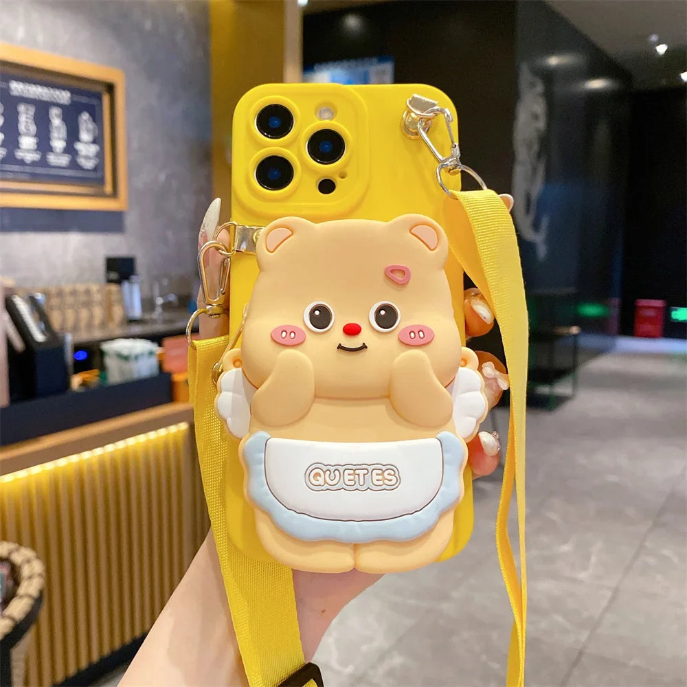 3D Cartoon Capybara Crossbody Strap Coin Wallet Lipstick Bag Phone Case For iPhone 16 15 14 Plus 13 12 11 Pro Max 16ProMax
