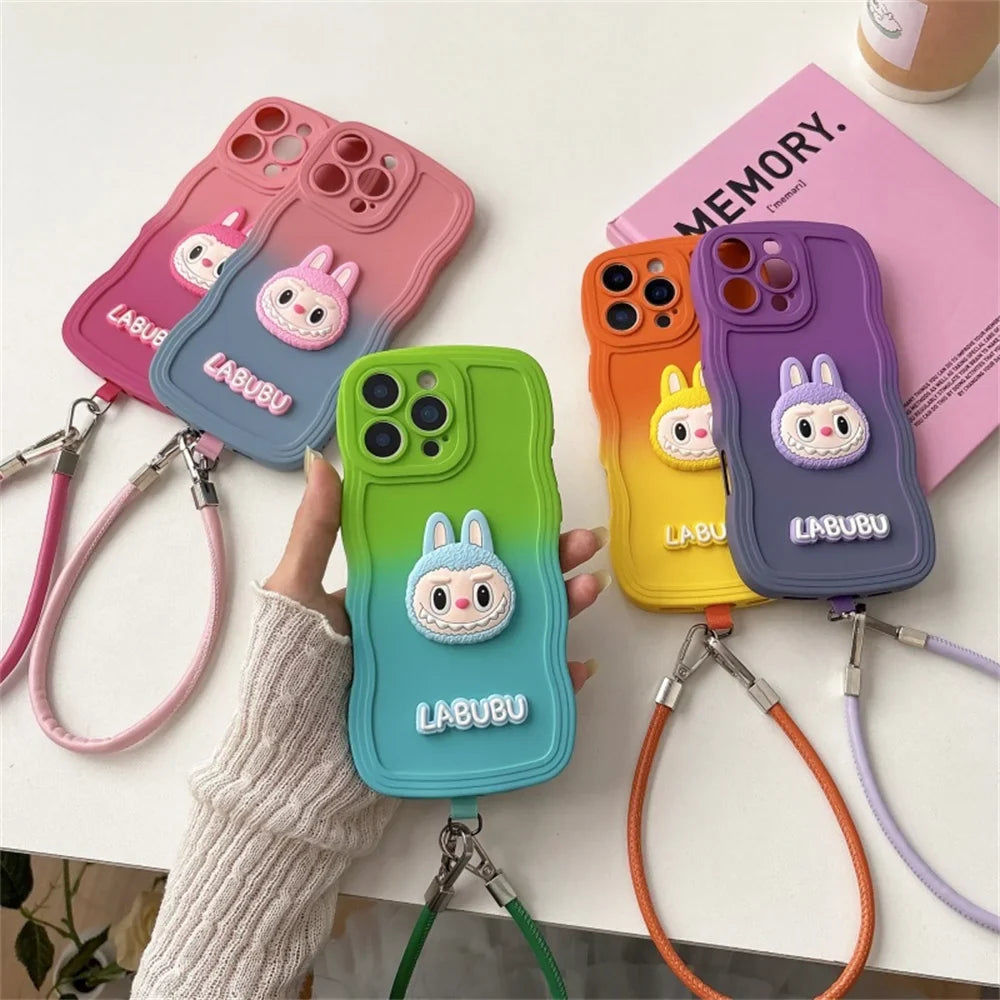Cartoon Cute Animals Gradient Wavy Soft Phone Case with Wrist Strap For iPhone 16 Pro Max 16e 15 14 Plus 13 12 11 X XR XS 7 8 6
