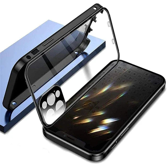 360° Degree Protection Privacy Metal Double Sided Glass Case For iPhone16 14 15 Pro Max Lens Protection Double Buckle Lock Cover
