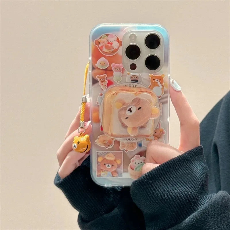 Funny Toast Dessert Bear Small Bell Magsafe Wireless Charge Case For iPhone 13 14 15 16 Pro Max Toast Rotate Bear Magnetic Stand