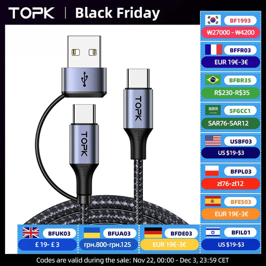TOPK 60W PD Fast Charger Cable USB C to USB Type C Cable for MacBook Pro USB C PD Cable Fast Charging for Samsung Xiaomii