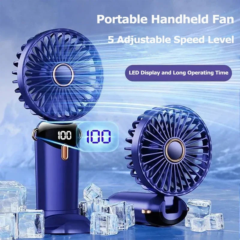 Foldable Portable Handheld Mini Fan 3000mAh with 5-Speed USB Rechargeable Battery, Neck Hanging Design & Phone Stand Display for Indoor and Outdoor Use
