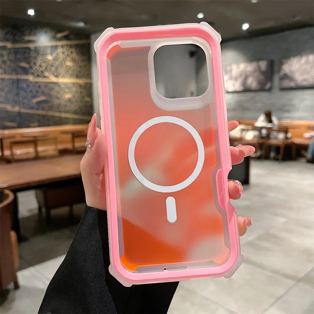 Luxury Magsafe Laser Dazzling Armor Phone Case For iPhone 16 Pro Max 15 Plus 14 13 Wireless Charging Dual Layer Protection Cover