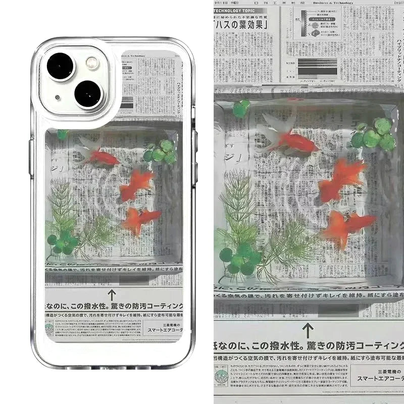 Creative Newspaper Goldfish Y2K Cute Phone Case For iPhone 16 15 14 13 12 11 Pro Max XR XS Max 7 8 Plus Geometric Retro Cover