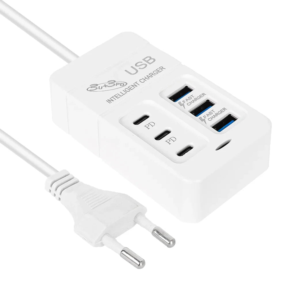PD Quick Charging Wall Chargers USB Hub Adapter 6 Ports USB Type C Desktop EU US Plug Slots Charging Extension Socket Outlet