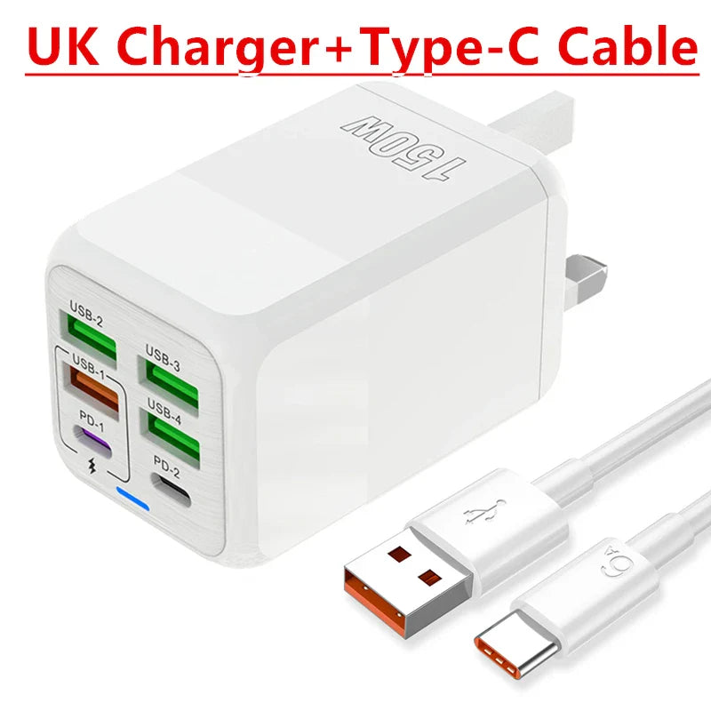 150W 6 Ports Pd QC 4.0 Usb C Fast Charger Wall Adapter Super Fast Charging For Iphone Samsung Ipad Xiaomi Huawei Oneplus Oppo