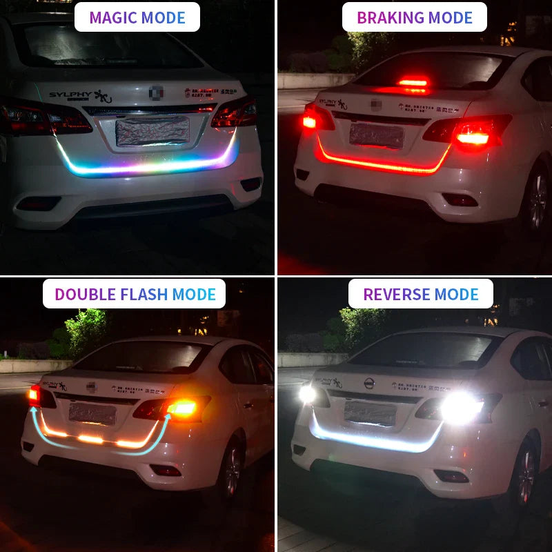 Car Rear Trunk Tail Light 120cm Colorful Dynamic Reverse Warning LED Strip 12v Additional Brake Follow Turn Signal Lamp