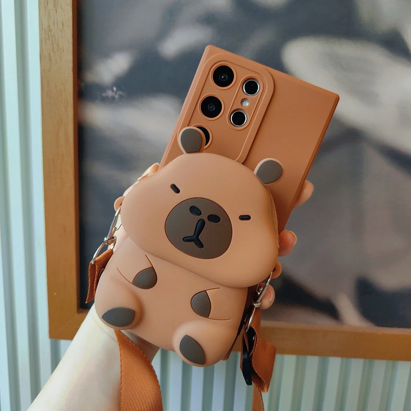 3D Cartoon Capybara Taiyaki Crossbody Strap Wallet Lipstick Bag Phone Case for Samsung Galaxy S25 S24 S23 S21 S20 Ultra Plus