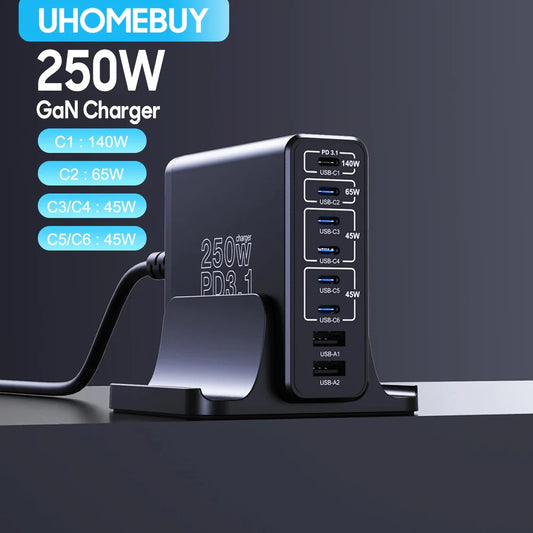 250W GaN USB C Charger Station 8-Ports Fast Charger Type C PD3.1 PD3.0 PPS Quick Charger For Macbook Pro iPad iPhone 16 Samsung