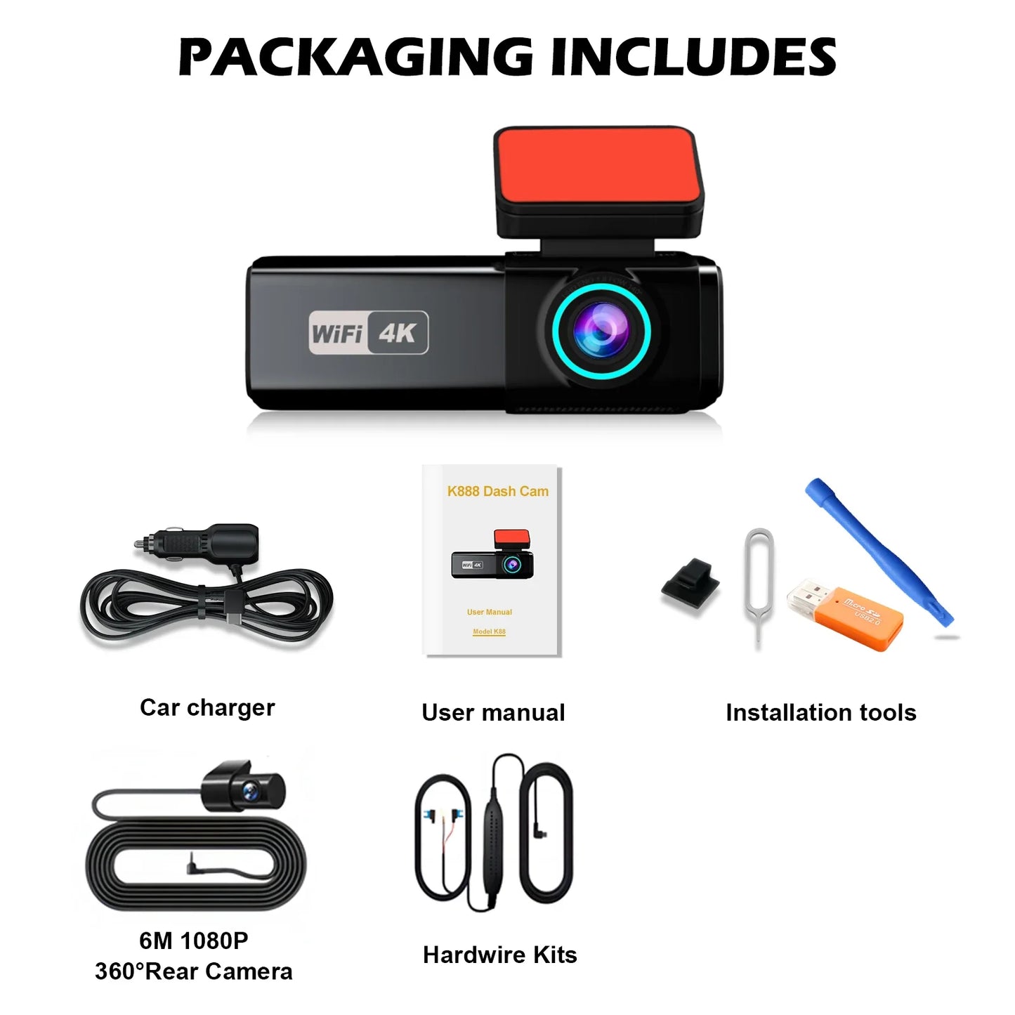 Aprilboy 4K WIFI Dash Cam 2160P Car DVR Front and Rear Dual Lens Auto Car Camera with Night Vision G-Sensor 24H Parking Monitor