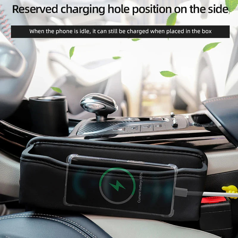 Car Seats Gap Bag Case Storage Bag PU Leather Auto Console Side Seat Pocket Organizer Reserved Charging Cable Hole Universal