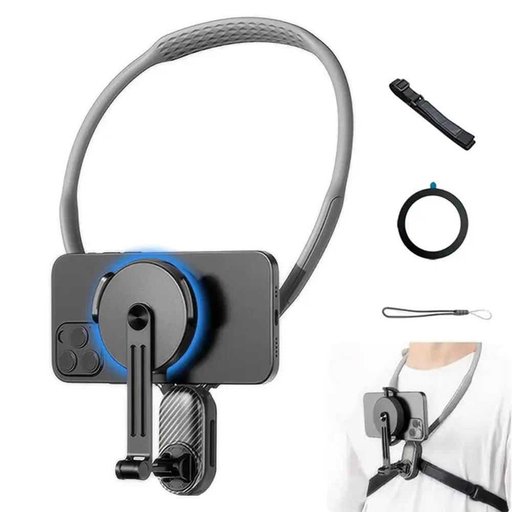 Magnetic Neck Holder Mount for Actions Cameras/Phones 360 Degree Adjustables Angle Neck Phone Mount for Vlogging