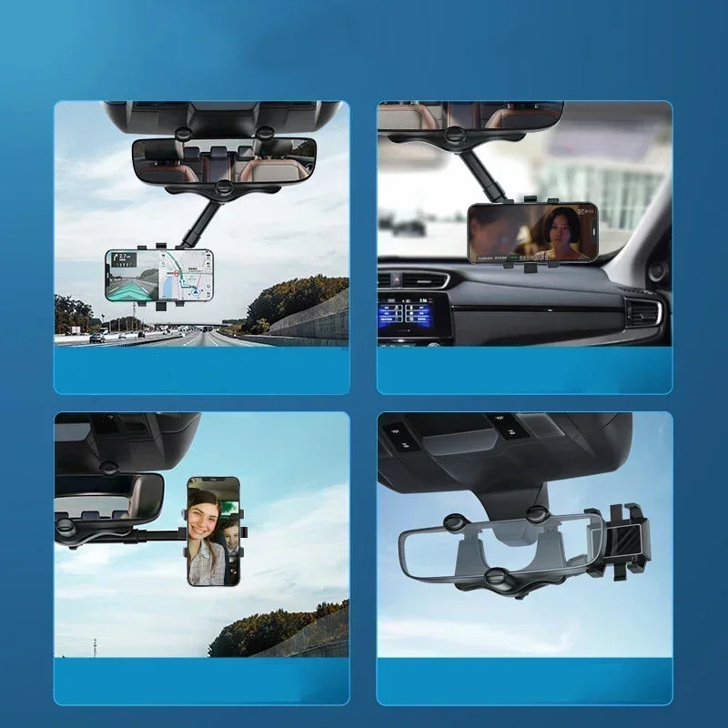 Universal Car Phone Mount with Rotating and Retractable Design for Rearview Mirror, DVR, GPS, and Dashboard Camera