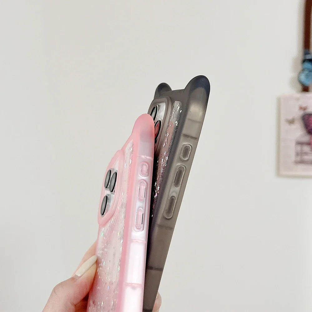Cute Cartoon Cat Ear Glitter Sequins Transparent Case  For iPhone 16 15 Plus 14 Pro Max 13 12 11 Soft Silicone Shockproof Cover