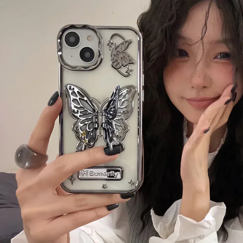 Butterfly Stand Plating Phone Cases For IPhone 16 15 Pro Max 14 13 12 11 Gradient Glitter Protect Shockproof Back Cover