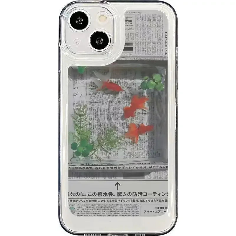 Creative Newspaper Goldfish Y2K Cute Phone Case For iPhone 16 15 14 13 12 11 Pro Max XR XS Max 7 8 Plus Geometric Retro Cover