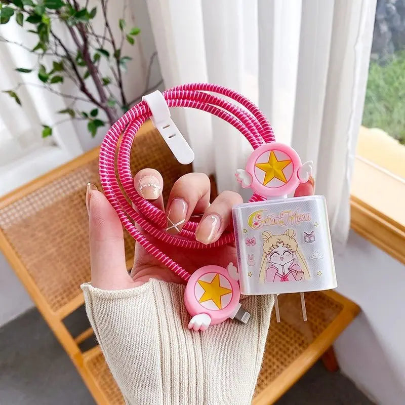 Pink kawaii Sailor Moon peripherals iPhone13 data line protect Wire winding Rope Charger Soft shell smart cover iPhone currenc