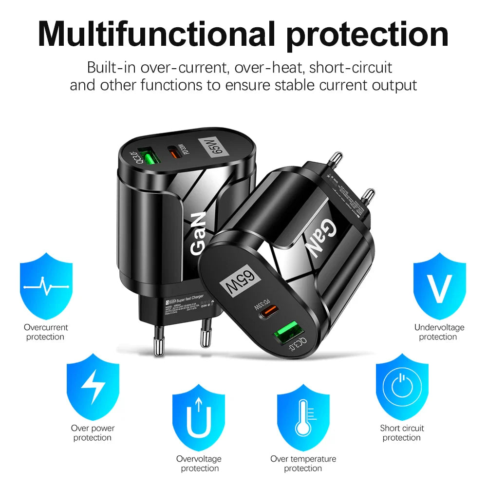 65W GaN USB C Charger Quick Charge Korea EU US Plug PD USB-C TypeC Fast USB Charger For iPhone 14 Xiaomi Samsung Macbook