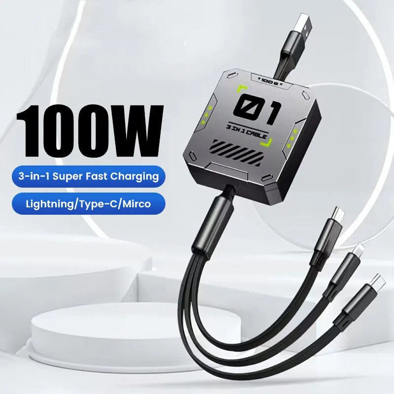 3 In 1 Retractable Phone Data Cable Type C Usb 100W Fast Charging Cable Suitable For iphone Huawei Xiaomi Android Micro