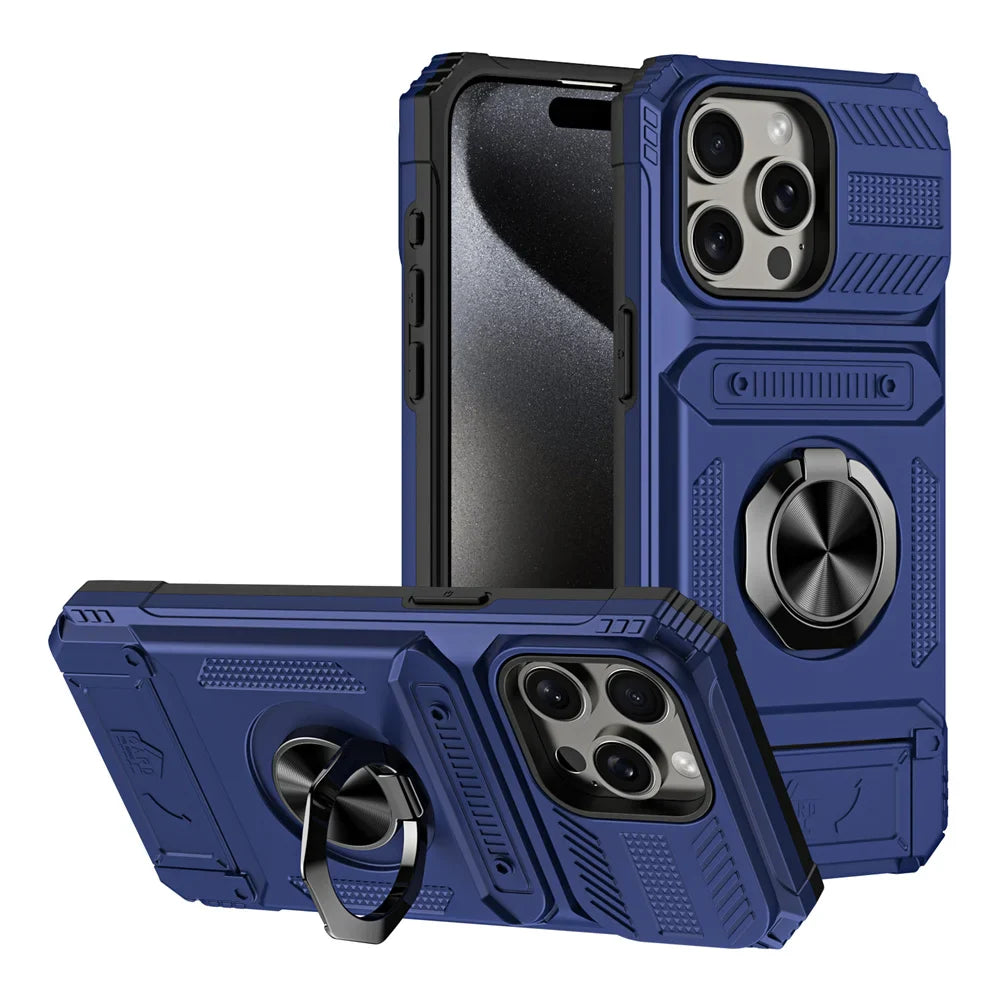 2 Cards Holder Hybrid Defender Case for iPhone 16 Pro Max 15 14 13 11 Magnetic Ring Stand Funda iPhone 15 Pro 14 Plus 8 Plus