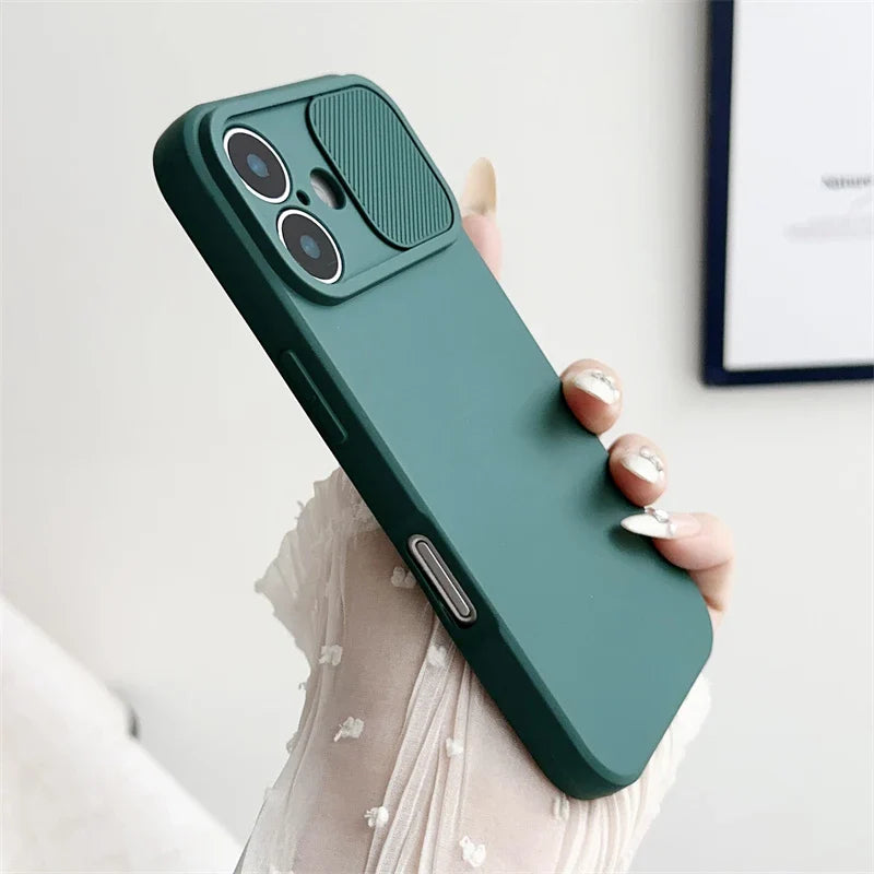 Slide Camera Lens Protection Soft Silicone Case For iPhone 16 15 14 Plus 13 12 11 Pro X XS XR Max 8 7 SE Shockproof Bumper Cover