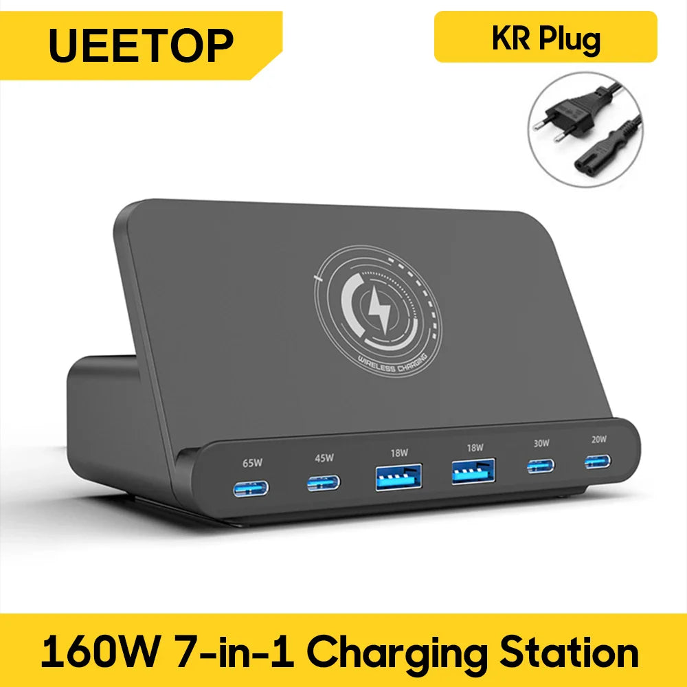 Ueetop 160W USB Charging Station Wireless Charging 65W PD PPS 45W GaN Charger Quick Charger For Laptop Tablet iPhone 15 Samsung