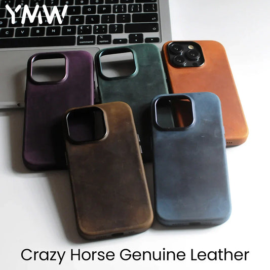 YMW Scratc Crazy Horse Genuine Leather Case for iPhone 16 15 Pro Max Plus 14 13 mini Magnetic PULL-UP Cowhide Phone Cover