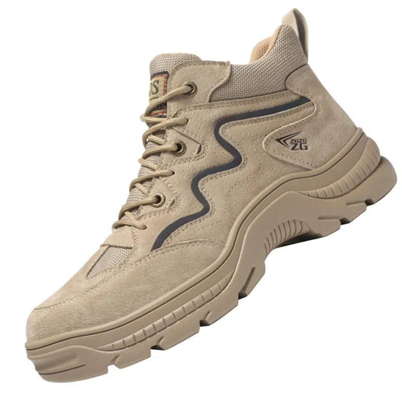 Reflective Strip Design Safety Work Shoes For Men Cow Suede Leather Indestructible Construction Boots Steel Toe Male Footwear