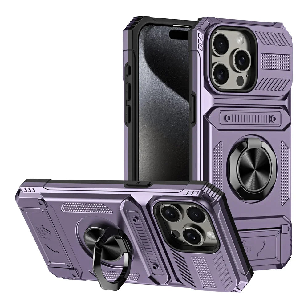 2 Cards Holder Hybrid Defender Case for iPhone 16 Pro Max 15 14 13 11 Magnetic Ring Stand Funda iPhone 15 Pro 14 Plus 8 Plus