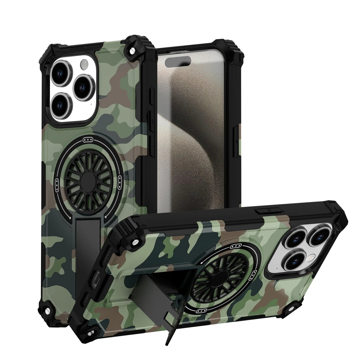 Camouflage Army Green Carbon Magnetic Phone Case Stand For Magsafe iPhone 16 15 PM 14 Plus 13 12 Pro Max 11 16e Protection Cover