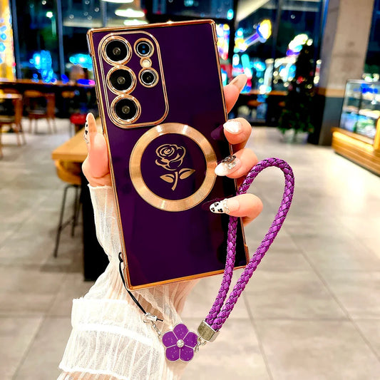 Plating Soft TPU Rose Case For Samsung Galaxy S25 S24 S23 S22 S21 Ultra Plus S25Ultra For Magsafe Charge Cover &Lanyard Bracelet