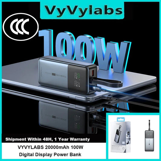 VYVYLABS 20000mAh CCC Power Bank 100W Digital Display Fast Charging Powerbank Portable External Battery With Cable For iPhone 17