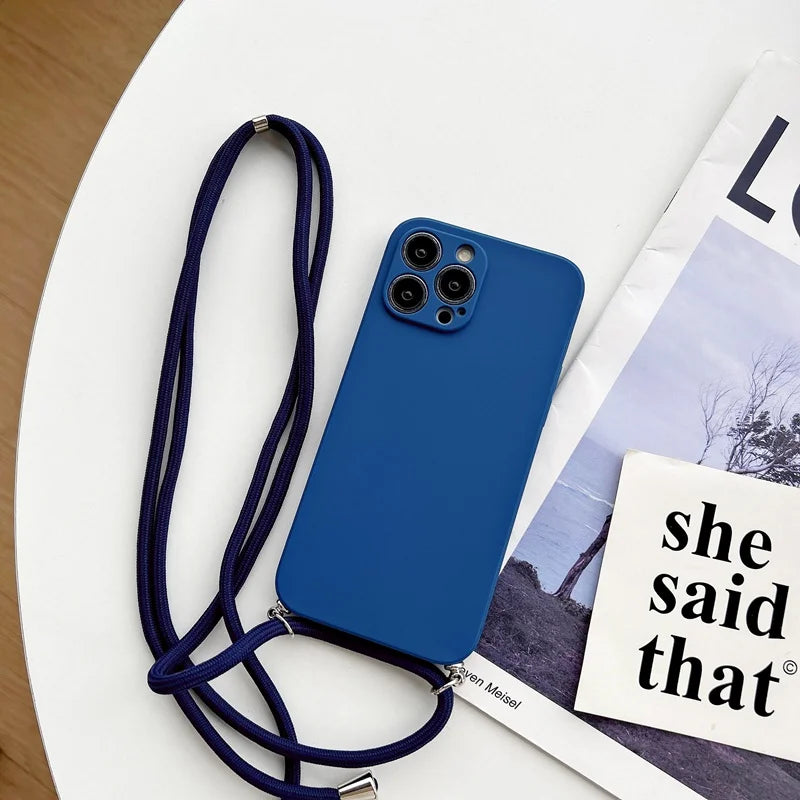 Simple Crossbody Lanyard Silicone Case For iPhone 15 11 12 13 14 Pro Max XR X XS 7 8 Plus Cord Rope Necklace Strap Soft Cover