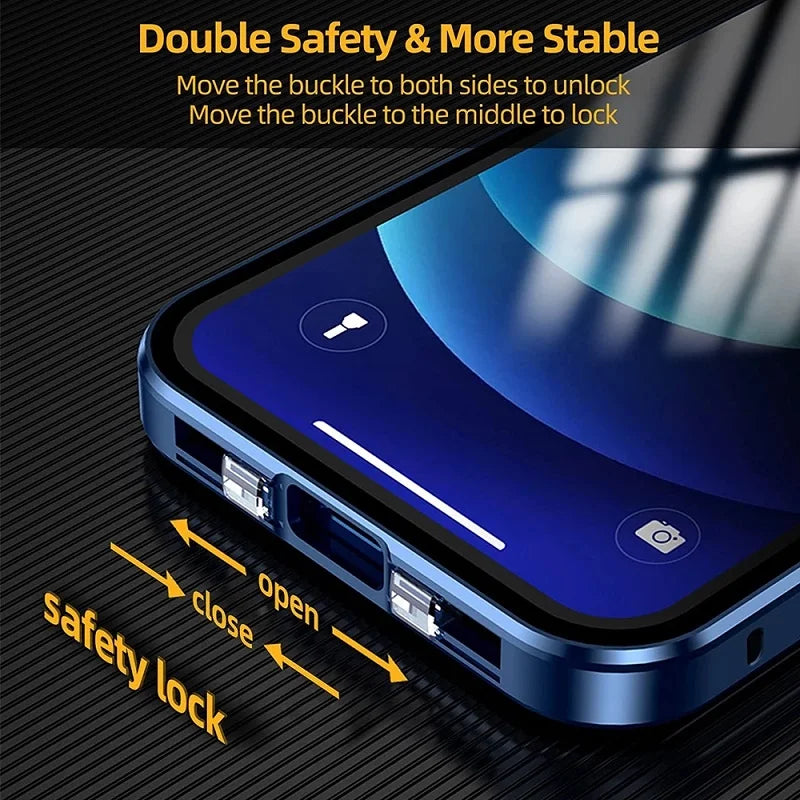 360° Degree Protection Privacy Metal Double Sided Glass Case For iPhone16 14 15 Pro Max Lens Protection Double Buckle Lock Cover