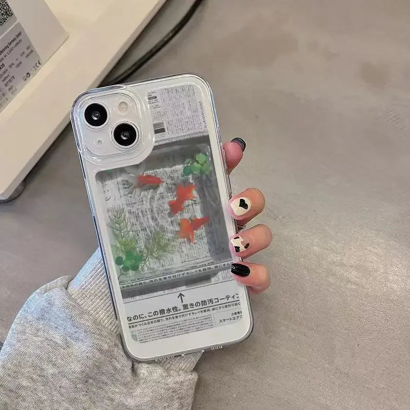 Creative Newspaper Goldfish Y2K Cute Phone Case For iPhone 16 15 14 13 12 11 Pro Max XR XS Max 7 8 Plus Geometric Retro Cover