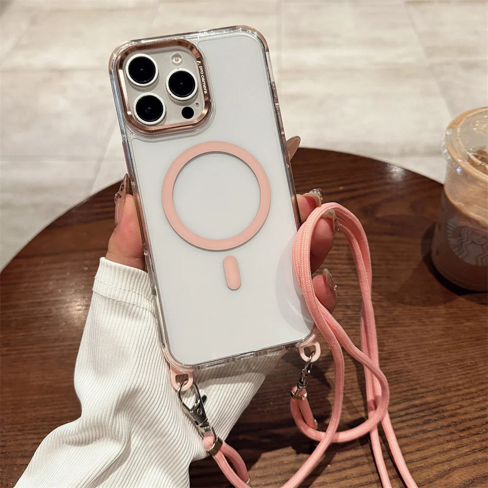 Crossbody Lanyard Necklace Transparent Magnetic For Magsafe Phone Case for iPhone 15 11 12 13 14 16 Pro Max Plus Anti-lost Cover