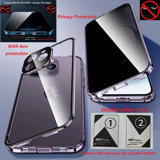 360° Degree Protection Privacy Metal Double Sided Glass Case For iPhone16 14 15 Pro Max Lens Protection Double Buckle Lock Cover